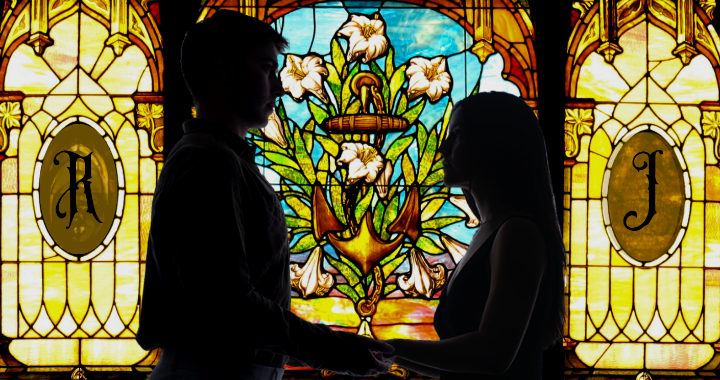 Romeo and Juliet are silhouetted against a stained glass window, facing each other and clasping hands.